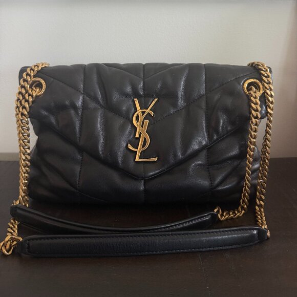 Saint Laurent Lambskin Quilted Small Loulou Puffer Monogram Chain Satchel Black - Picture 1 of 7